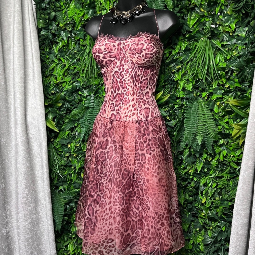 Vintage Teri Jon Rickie Freeman Dress 8  Pink Leopard Silk Corset Midi 4140